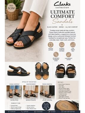 Clarks Collection Sandals Ultimate Comfort Black Leather Wedge Shoes 9.5M